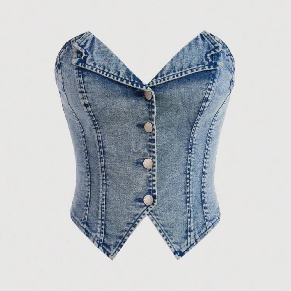 SHEIN Blue Bustier Crop Top with Buttoned Front